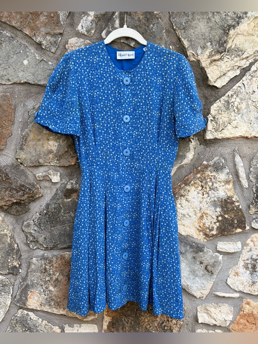 Vtg ALBERT NIPON geo print button down silk dress sz 6 Small